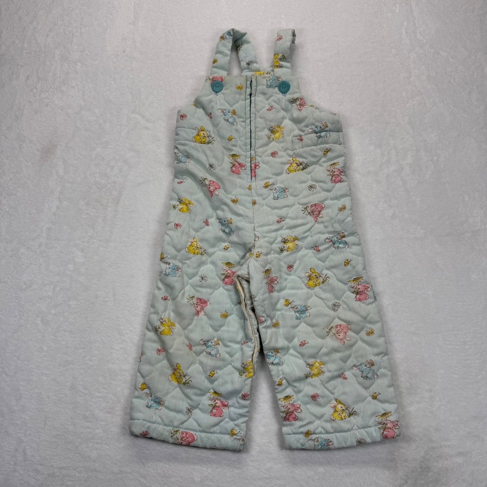 Vintage Quilted Overalls Bunny Print Zip Up Sleeveless Jumpsuit Romper Kids READ